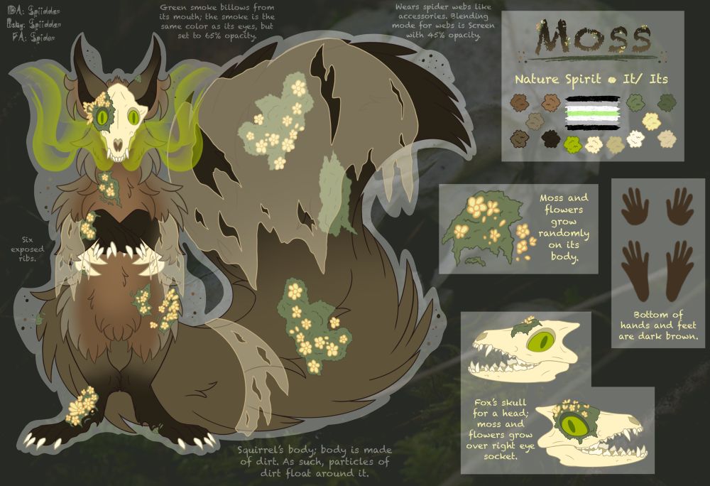Reference sheet of a forest creature with a squirrel’s body and a fox’s skull for a head. Its fur is made of dirt, spider webs, flowers and moss. Wispy green smoke is pouring out of its mouth.