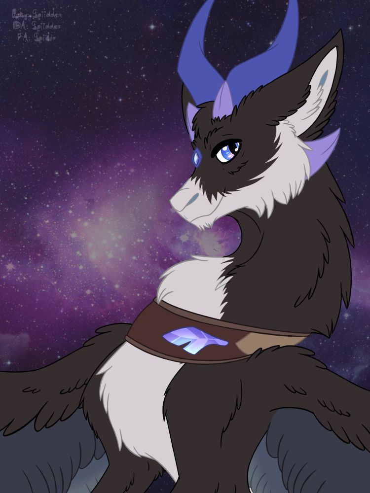 Bust-shot of a cat-like dragon creature. Its body is black and white, it has purple spurs and horns, a purple gem on its forehead and wears a leather collar with a feather-shaped purple gem on it.