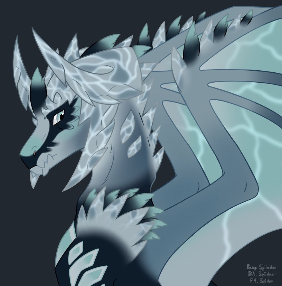 Bust-shot of an Ice dragon. His body sports various shades of blues and teals. He has feathers and his horns/ spurs have icy texture.