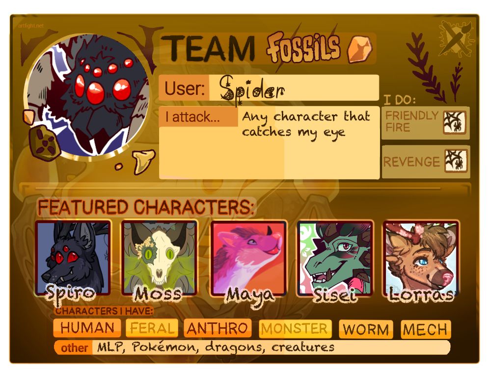 Filled out team card for Artfight 2025. The team is Fossils.