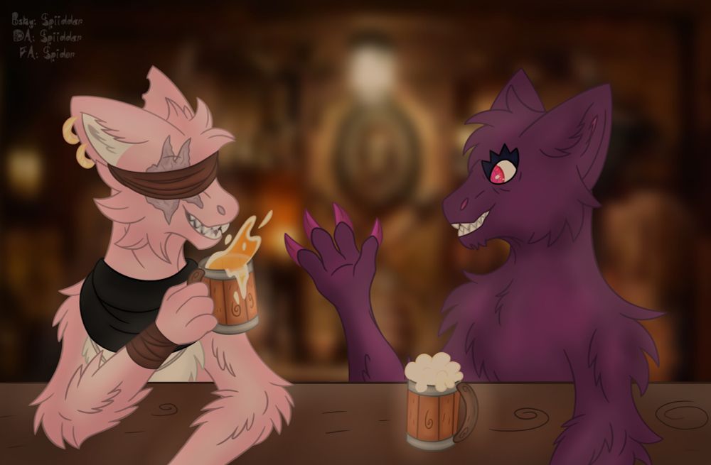 A PMD-themed picture of two Mews drinking at a pirate tavern. The one on the left is pink with leather wrist wraps and eye covering, covering a large scar on the side of its face. It wears a black scarf and gold hoop earrings in its right ear. The one on the right is purple and seems to be crossed with a Gengar.