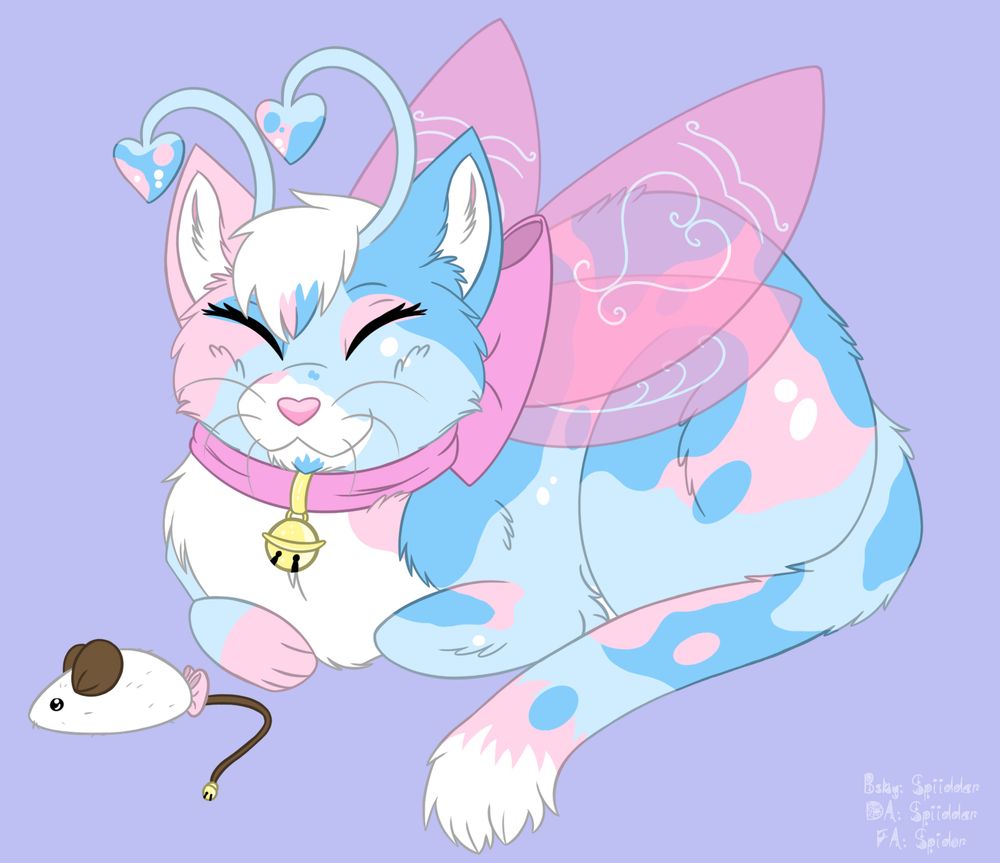 A picture of a fairy calico cat. Its body is patterned in pinks, blues, and white. It has pink, translucent fairy wings on its back with heart-like swirly patterns on them. It is sitting in a ‘loaf’ position and wears a pink bow around its neck with a yellow jingly bell. Antenna with heart-shaped tips sprout from its head. Next to the cat is a mouse cat toy. The toy has a white body, with brown ears and tail. It has a bow tie at the base of its tail and a tiny jingly bell at the end of its tail.
