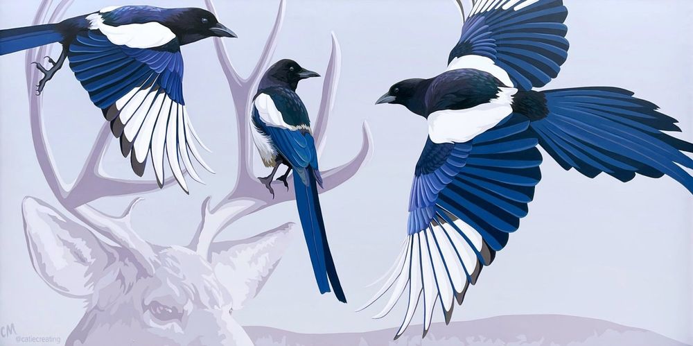 Full view of the mural. Three magpies and a mule deer. 