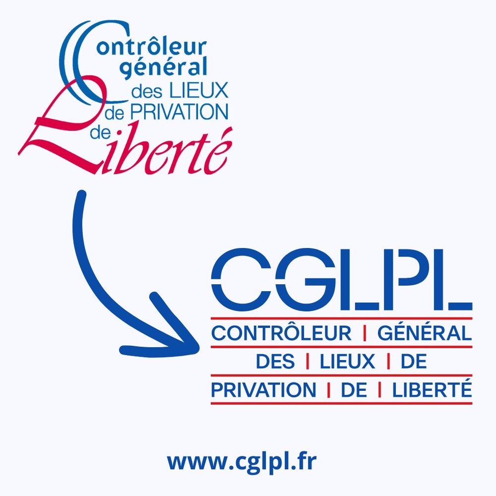 Image présentant l'ancien logo et le nouveau logo du CGLPL avec une flèche pointant de l'un à l'autre. En bas de l'image adresse internet www.cglpl.fr