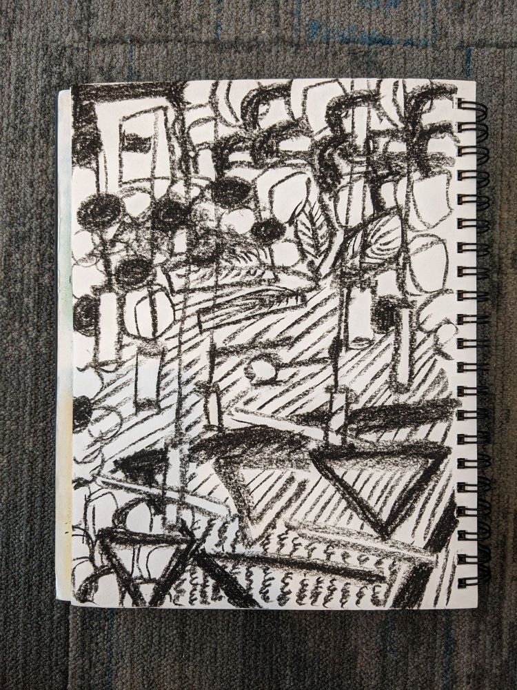 Sketch in charcoal of Québec City airport forms