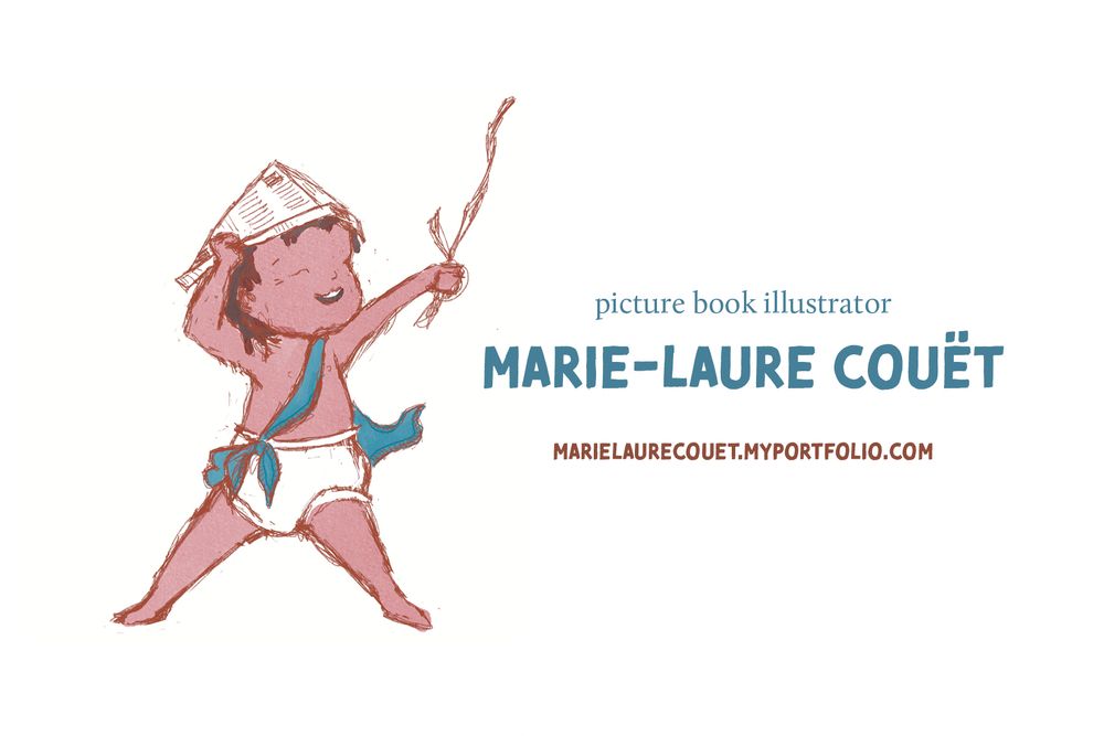 Kid Lit Art Postcard of a child in their underwear and a blanket, swinging a stick and wearing a newspaper hat, pretending to be a pirate. Next to character are the words, "picture book illustrator, Marie-Laure Couët, marielaurecouet.myportfolio.com."
