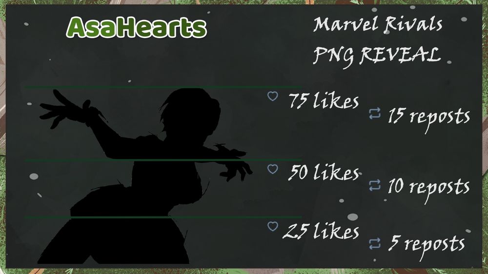 A covered model with three lines through it sits on the left hand screen. The name 'Asa Hearts' sits above it in green. The model is ready to reveal the legs, chest, and head once all goals are met. The goals are: Legs - 25 likes, 5 reposts. Body - 50 likes, 10 reposts. Head/full image - 75 likes, 15 reposts. The model reveal is for a new Marvel Rivals PNG