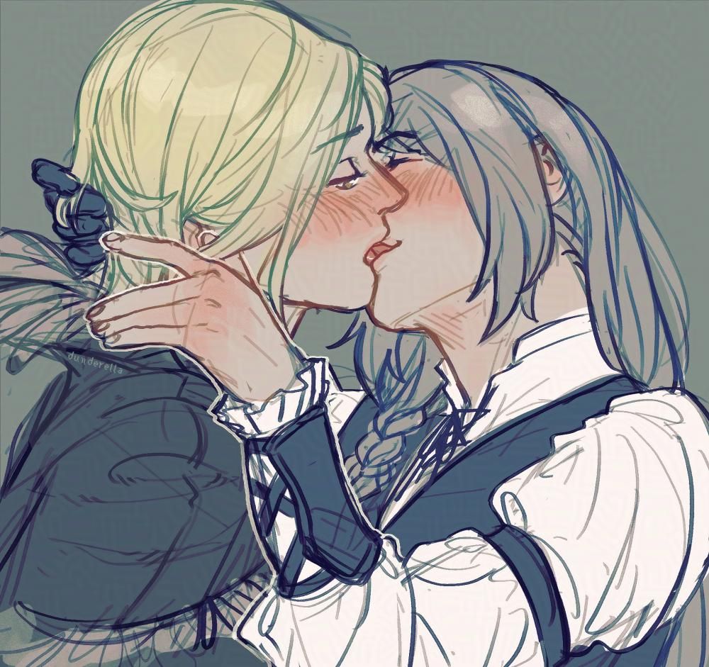 drawing of benedikta harman and jill warrick from FF16. the two are kissing; jill's hands are brushing gently through benna's hair.
