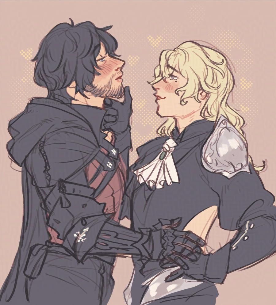 drawing of clive rosfield from ff16 with an androgynous OC named Julius. the two are chest-to-chest with a slight height difference (clive is taller). julius tilts clive's chin up in a flirty way, clive gazes down at his partner with a soft daze and a gentle touch over julius' hand at their waist. julius looks very proud of themself.
