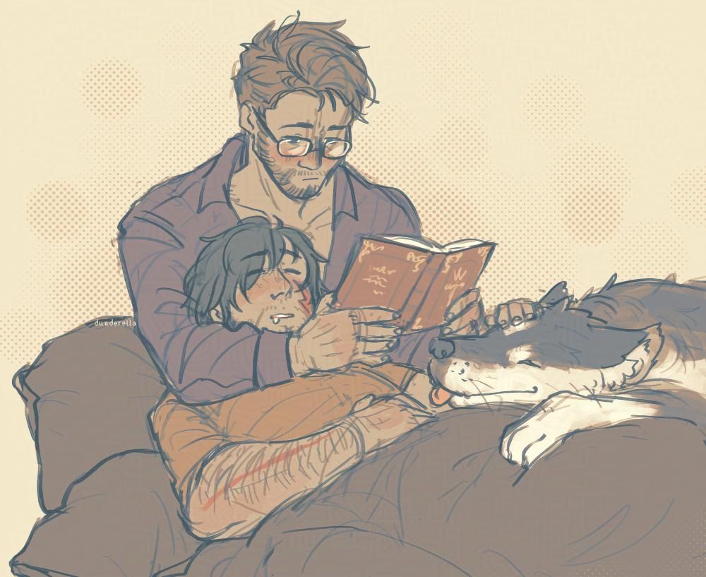 drawing of cid and clive from FF16. cid is reading a book that resembles the "Final Fantasy by Joshua Rosfield" book with his arms around clive who dozes against his chest. both are under a dark gray blanket, and torgal is cuddled up with the both of them.