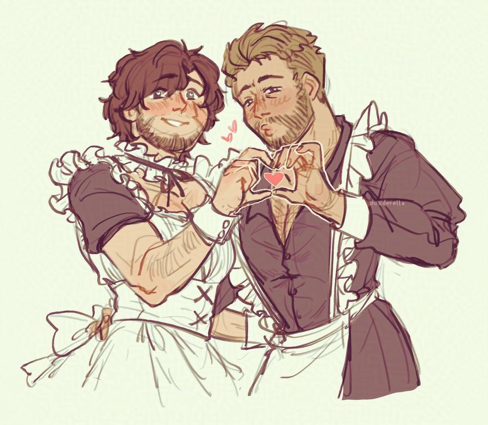 drawing of clive rosfield and cidolfus telamon from final fantasy 16 in maid dresses. the two are making a heart with their hands, clive is smiling sweetly for the viewer while cid is making a silly kissy face.