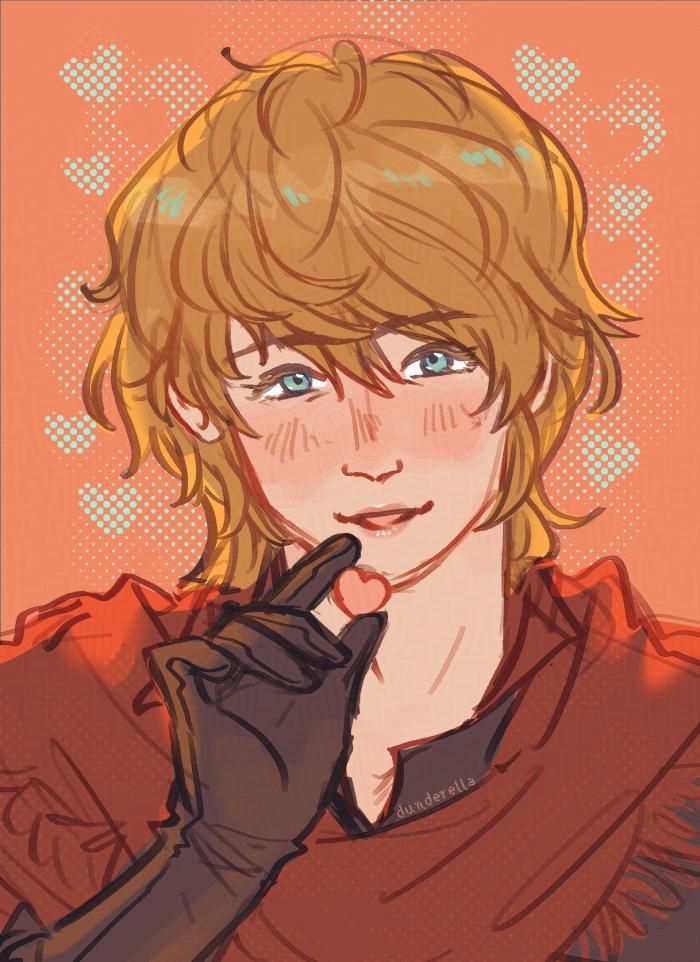 kpop photocard style drawing of joshua rosfield from FF16, holding a pink candy heart to his mouth making a demure expression at the viewer. his lips have a subtle gloss to them because he's the most kpop adjacent boy in all of valisthea