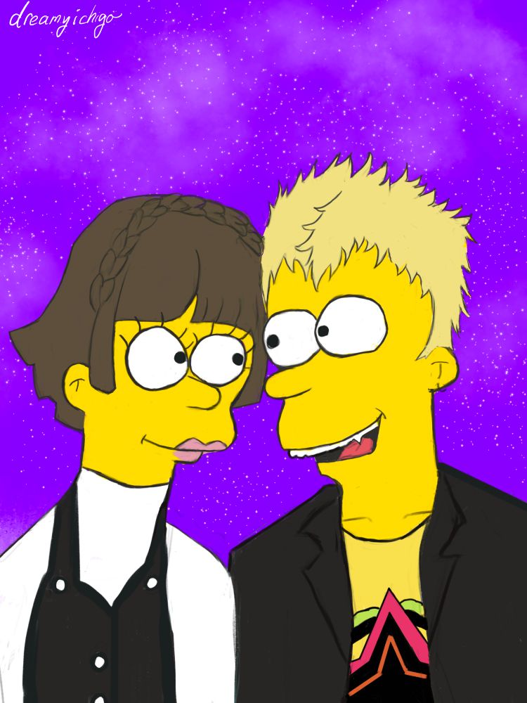 simpsons style Makoto Niijima and Ryuji Sakamoto from Persona 5 with a purple night sky 
