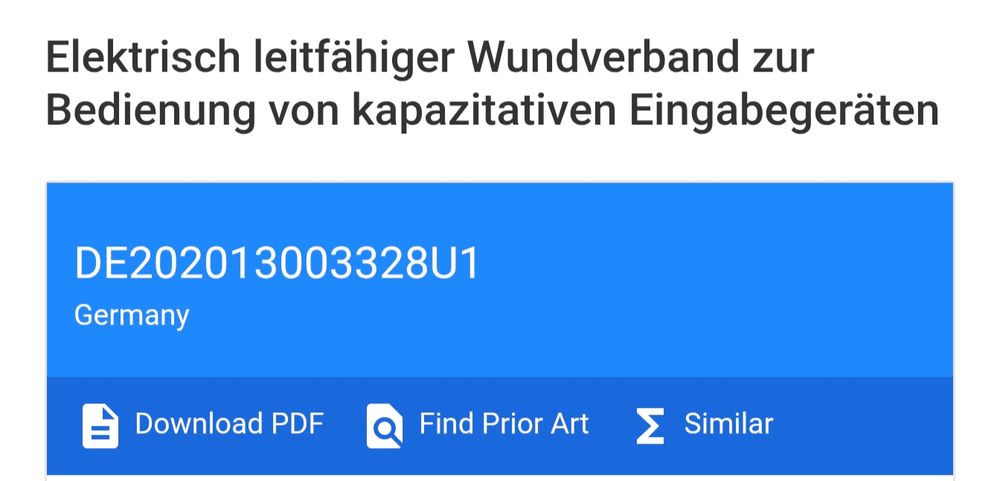Screenshot einer Patentanmeldung für "Elektronisch leitfähiger Wundverband zur Bedienung von kapazitiven Eingabegeräten"