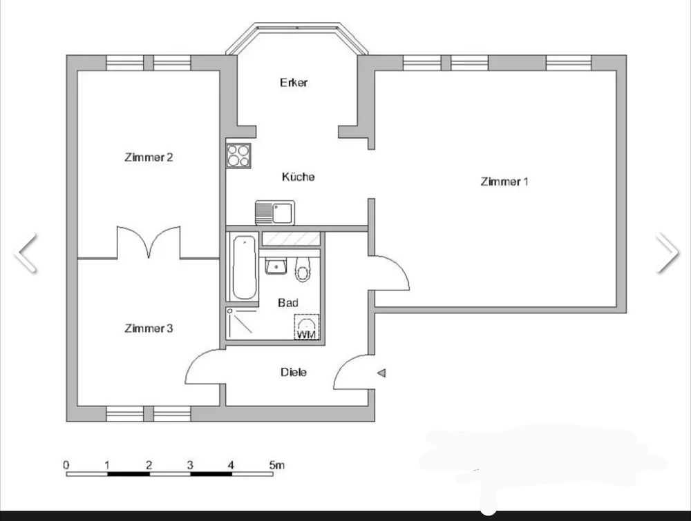 Grundriss einer drei Zimmerwohnung.
Das Bad hat keine Tür