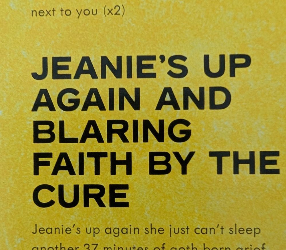 Photo of lyric sheet of new Tullycraft record, specifically song title Jeanie's Up Again And Blaring Faith by The Cure