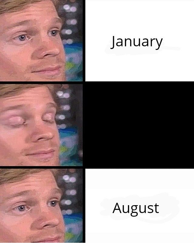 blond blinking meme man eyes open for january, closes eyes, then eyes open again for august 