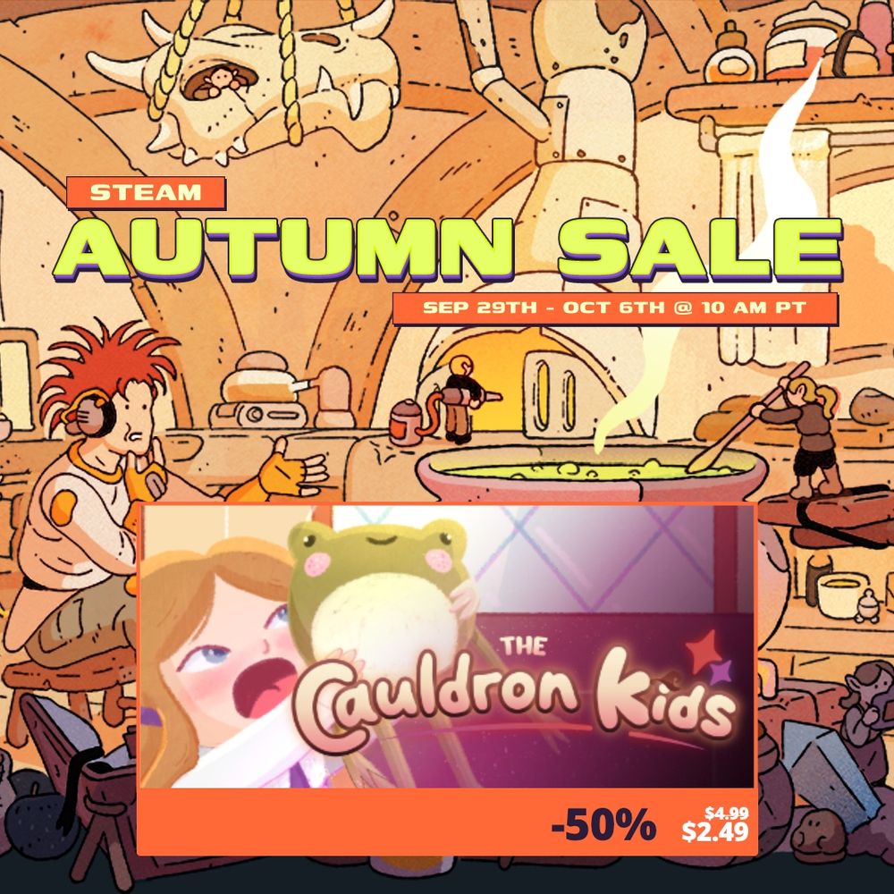 Steam Autumn Sale art with the key art of The Cauldron Kids framed at the bottom. The sale runs from September 29 to October 6, and our game is 50% off for the occasion.