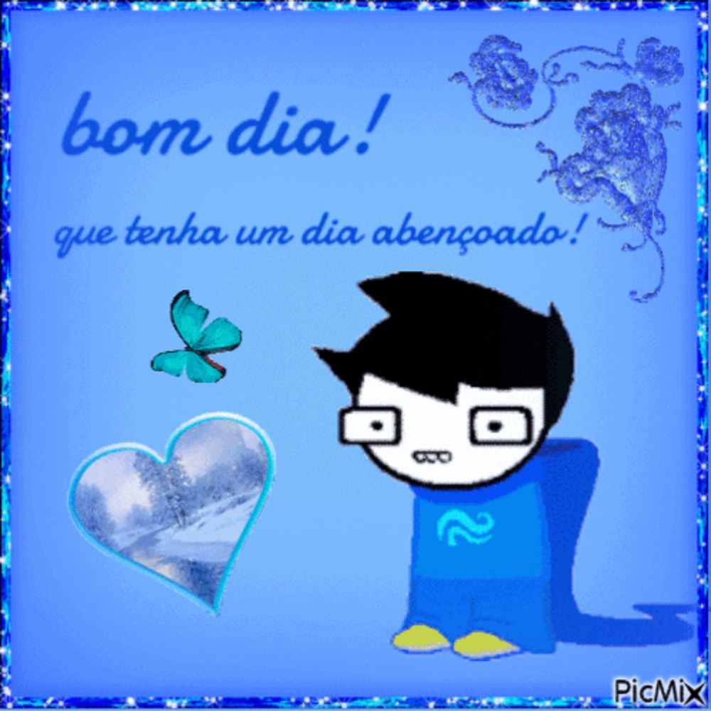 a picture of a boy with glasses and the words bom dia