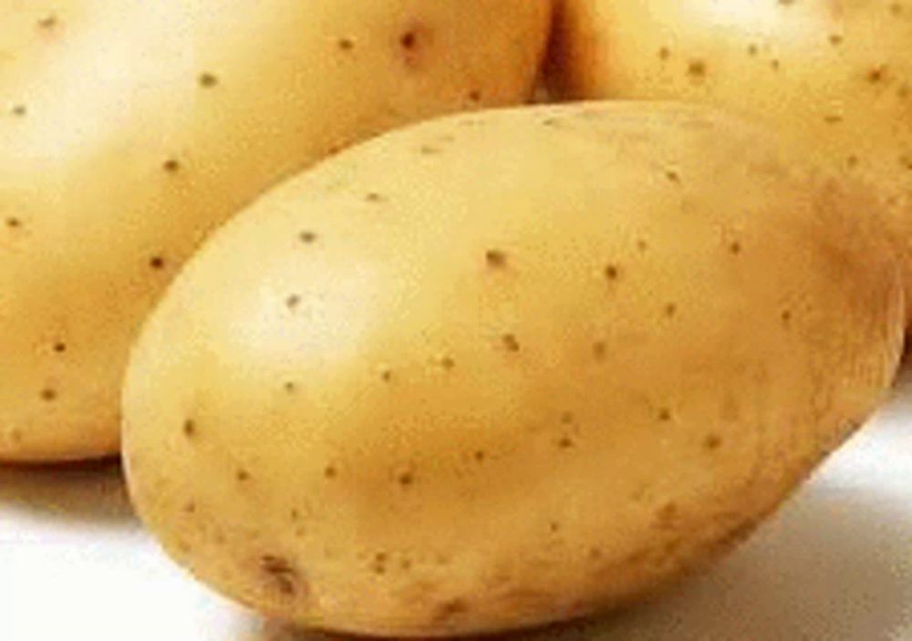 three potatoes are sitting on top of each other on a table .