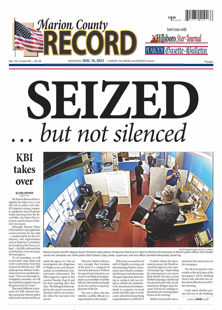 Marion County Recoed front page. Headline: SEIZED…but not silenced