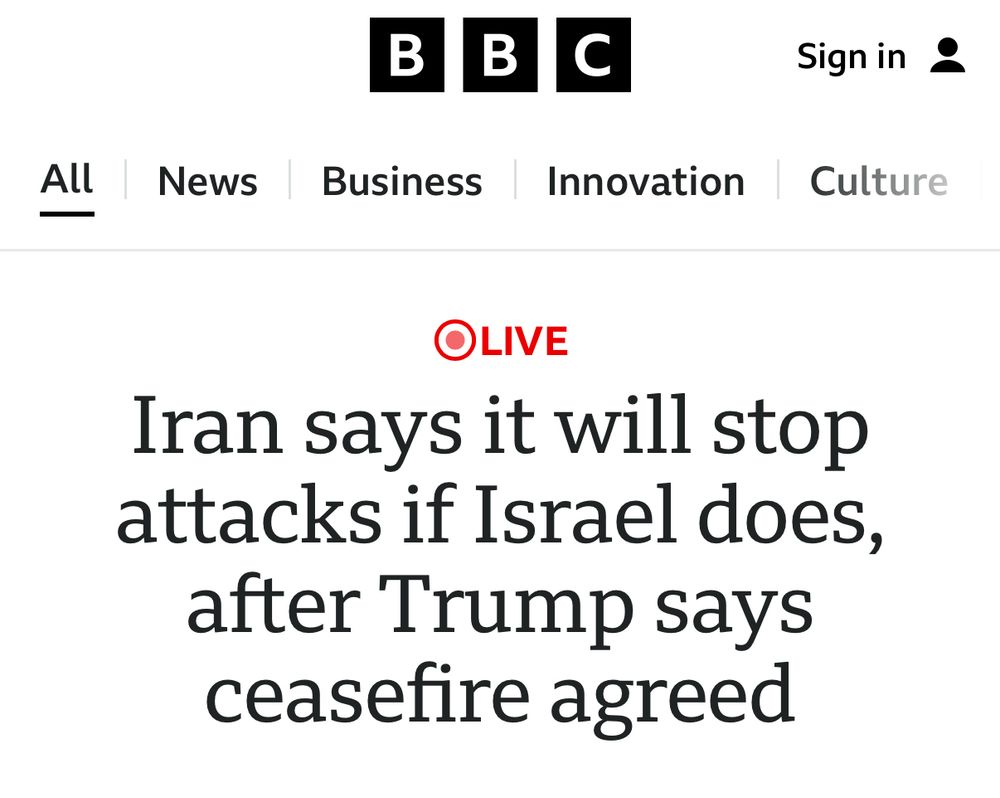 BBC: Iran says it will stop attacks is Israel does, after Trump says ceasefire agreed 