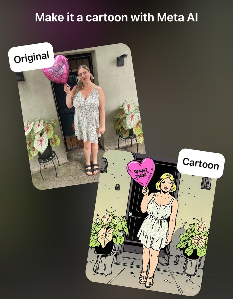 a screenshot that says “make it a cartoon with Meta AI” and is a picture of me and then a cartoon version that looks absolutely nothing like me because AI is trash