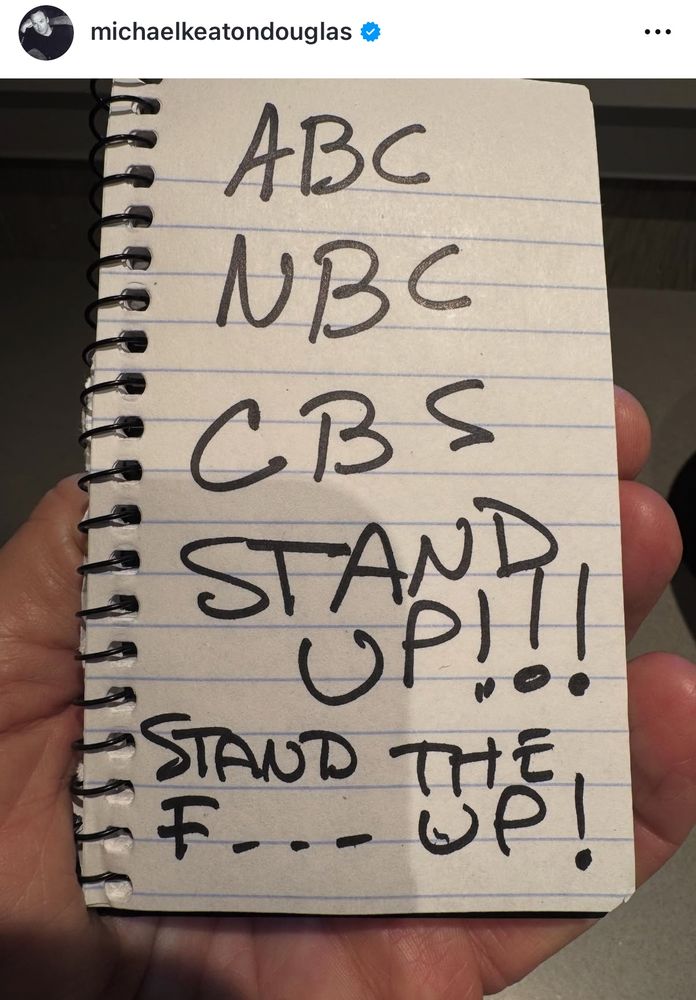 IG post from michael keaton that says “ABC NBC CBS STAND UP!!! STAND THE F—- UP!”