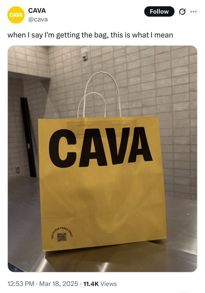 a tweet from cava that says “when i say im getting my bag, this is what i mean” along with a photo of a cava bag. tom homan, a known bitch, reportedly got $50k in bribery money inside a cava bag. 