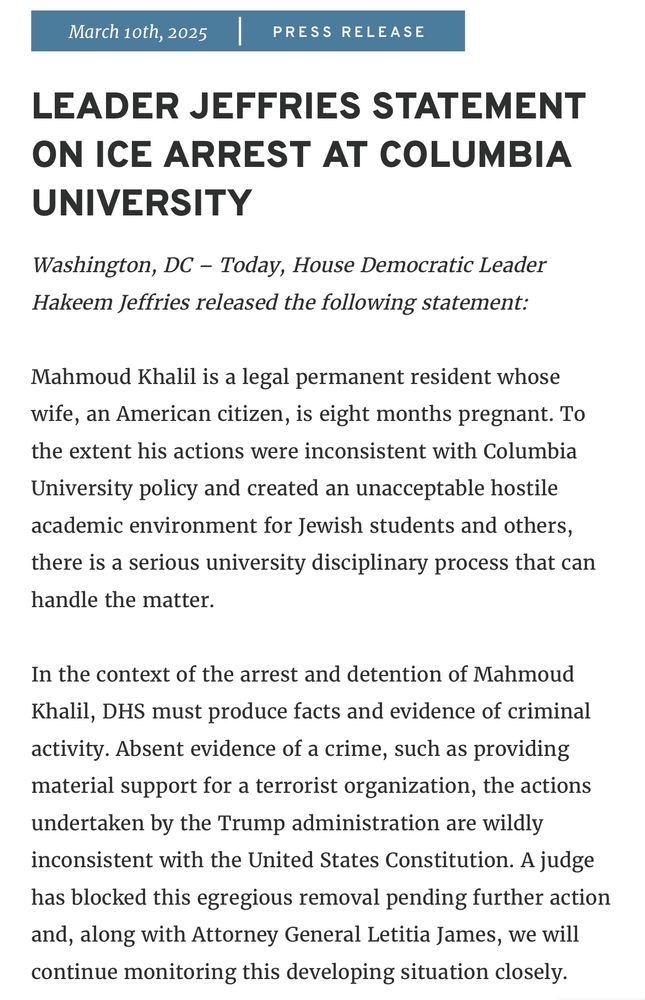 the Trump administration arrested Mahmoud Khalil to make an example out of him because they’re gambling Dems won’t put their jobs and lives on the line to protect a Palestinian.