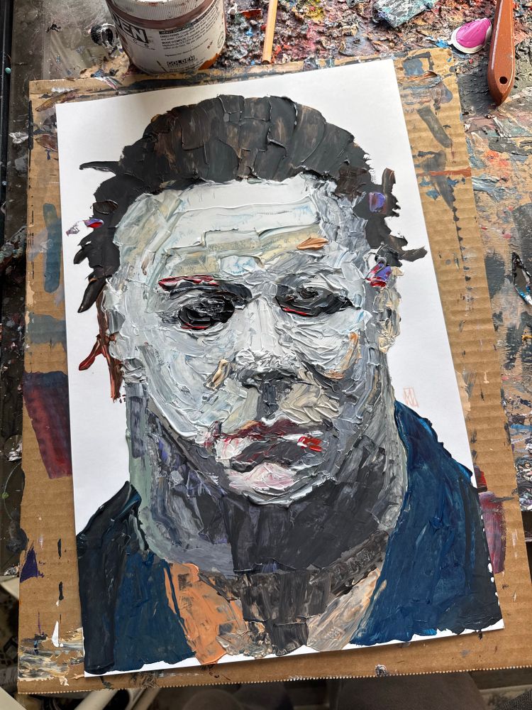 Palette knife painting of the shape, Michael Myers from the Halloween movie series