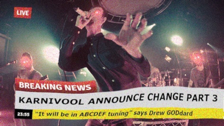 Breaking news: Karnivool announce Change part 3. "It will be in ABCDEF tuning" says Drew GODdard. The image shows a distorted picture of the band