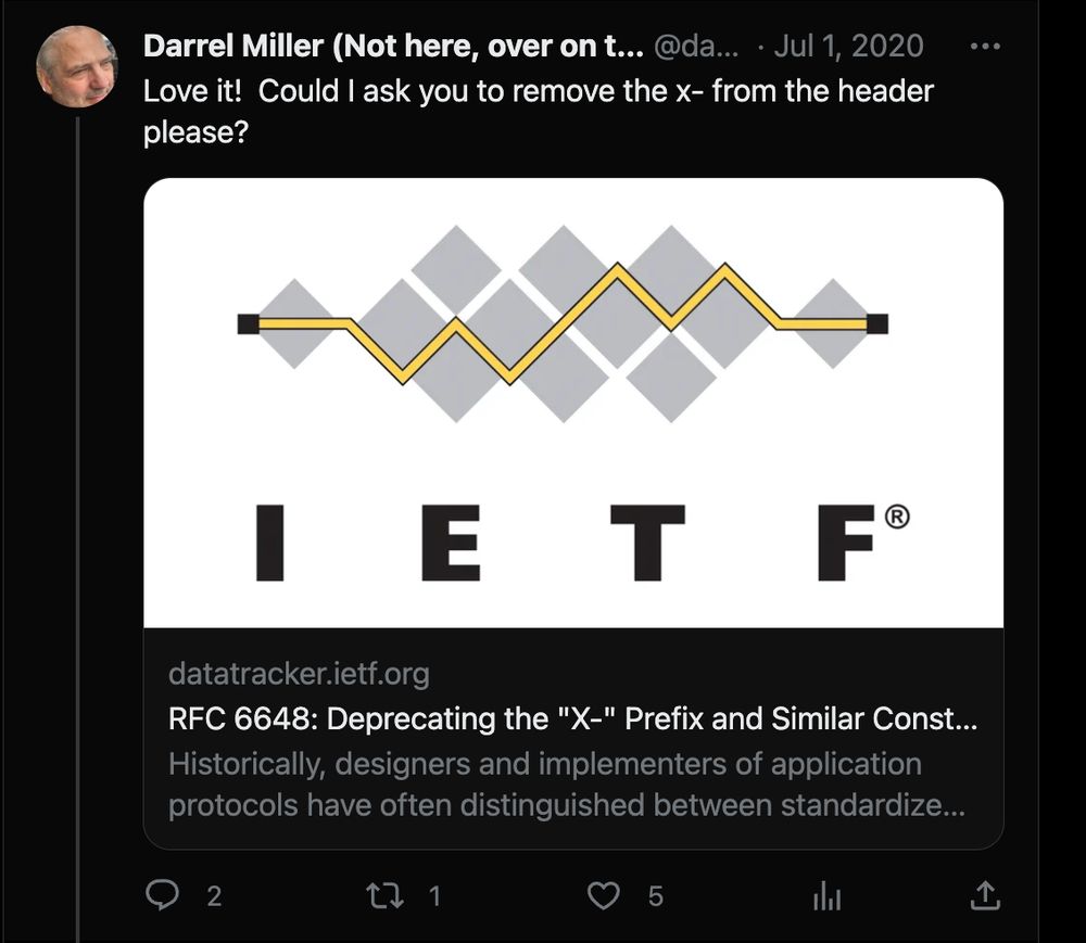 A reply to the previous tweet that reads "Love it! Could I ask you o remove the x- from the header please?" along with a link to RFC 6648: Deprecaing the x-prefix
