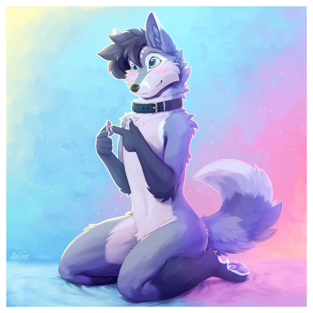 Digital drawing of a blue anthro fox character with blue hair, blue fur and cyan eyes, who is blushing while wearing a dark blue collar and sitting on their knees with their head tilted down and their front paws in front of them in a "finger gun" shape, touching their index fingers together
