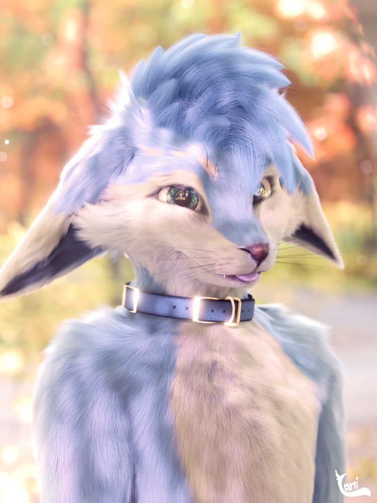 Rendering of a Magpie Rexouium 3D model with realistic fur featuring an blue anthropomorphic furry fox character with a happy expression and dark blue collar.