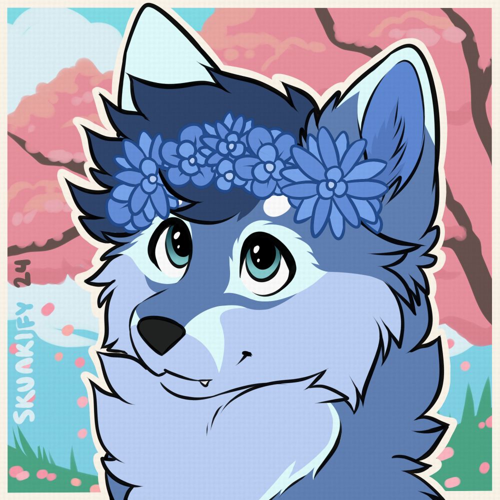 Digital artwork of the head of an anthropomorphic male blue fox character with a slight smile, cyan eyes, dark blue hair, and light blue markings, looking upwards. On top of their head is a flower crown made up of various blue flowers. The background depicts a partly cloudy daytime scene with a tree that is blooming with light pink flowers and some petals falling to the grassy ground below. Both the image and the character has a white border around them. The signature on the left of the image reads "Skunkify 24".