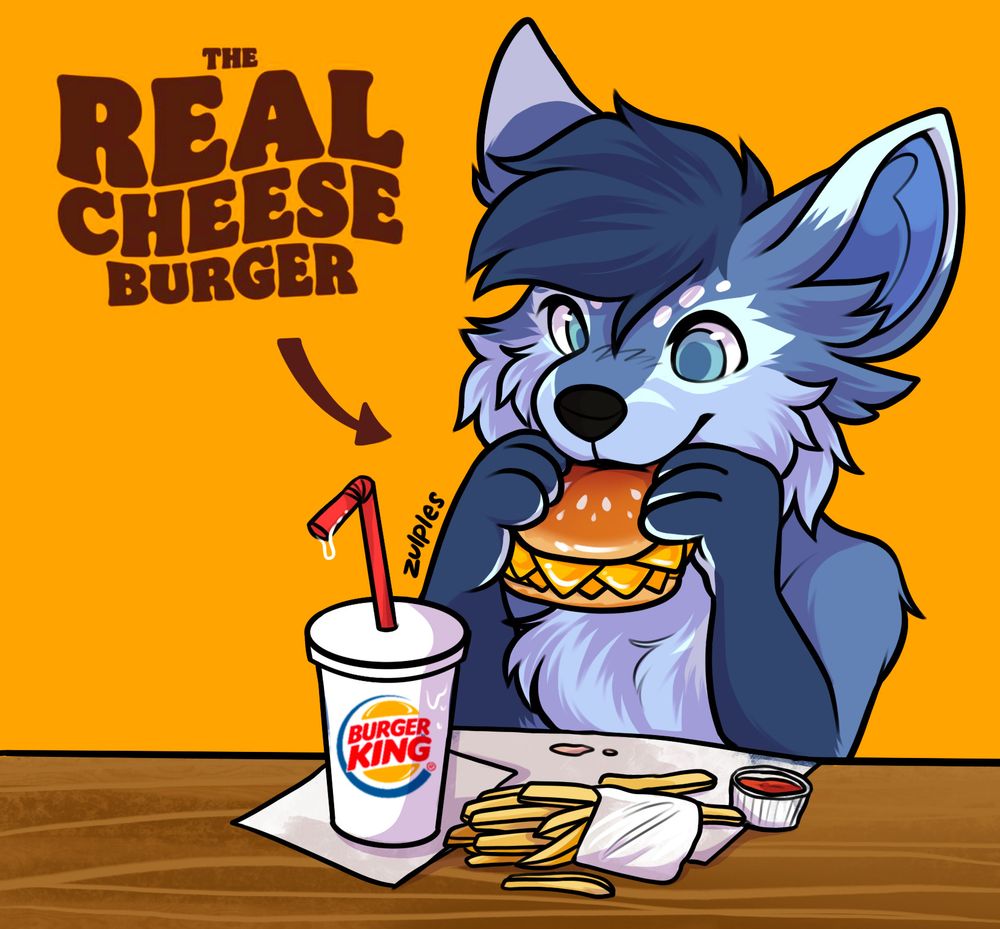 Digital drawing of a blue anthro fox character with dark blue hair, blue fur and cyan eyes. The character is sitting at a wooden desk with a napkin laid out in front of them that has a bunch of french fries and a small container of ketchup on it, with a paper cup that has the Burger King logo on it and a red straw sticking out of it. They are biting into a hanburger which consists of the top and bottom buns filled with only a bunch of slices of cheese and nothing else. In the top left corner, there is some text which reads "THE REAL CHEESE BURGER" and an arrow pointing to the burger held in the character's hands in front of their mouth.