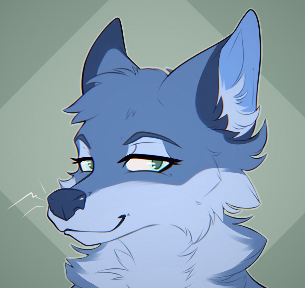Digital drawing of a blue fox character with cyan eyes and a slight smile facing the viewer and looking towards their right with a smug expression