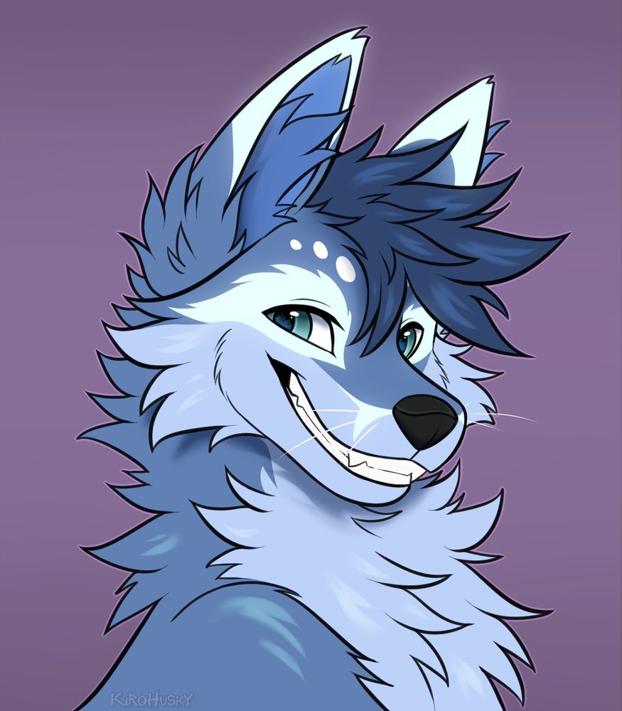Digital drawing of an anthropomorphic blue fox fursona with blue fur, dark blue hair, cyan eyes and a smirking expression in front of an abstract pink background. In the bottom left of the image, the base author's watermark reads "KiroHusky".