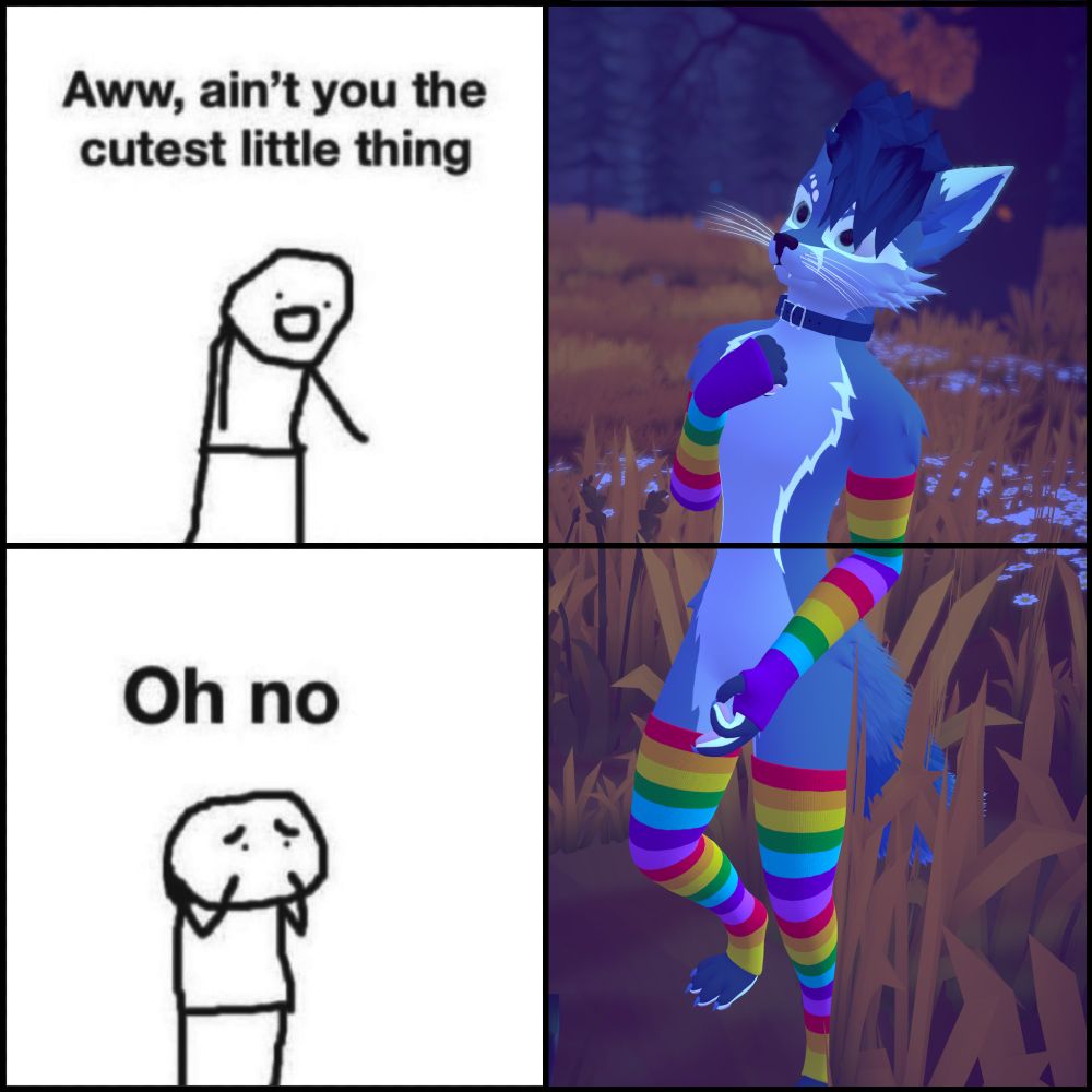 Image depicting a 4-panel meme. In the 1st panel, a cheerful person is looking at the 2nd panel saying "Aww, ain't you the cutest little thing". In the 2nd panel is the top half of a picture taken in VRChat of a male blue anthropomorphic fox avatar wearing rainbow-colored arm- and leg warmers and a collar looking up and slightly to their right, with their closed right fist held to their chest. In the 3rd panel the person from the 1st panel now looks visibly worried, saying "Oh no". In the 4th panel, we see the bottom half of the VRChat picture, where we see the character's left hand positioned directly in front of their crotch, making an upside-down OK gesture with their hand, indicating they "made you look" and that "you have been had".