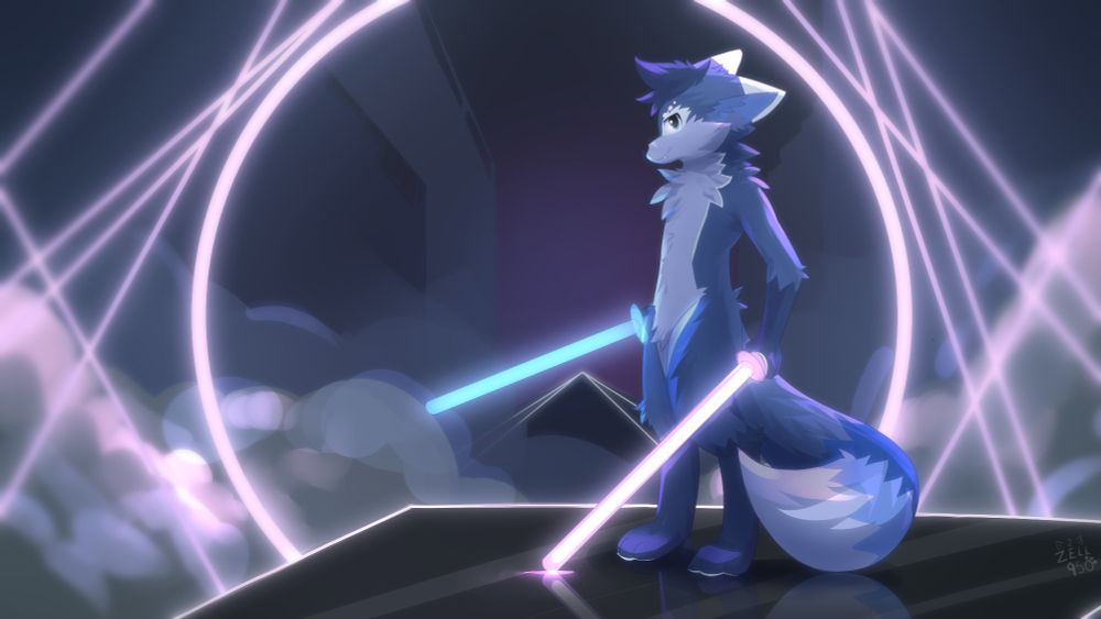 Digital drawing of a blue anthro fox character with dark blue hair and cyan eyes viewed from the side, standing on a dark platform in front of an abstract foggy background with a bunch of pink lasers, while holding light blue and pink sabers in their hands