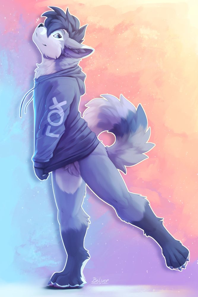 Digital drawing of a blue anthro fox character with blue hair, blue fur and cyan eyes, balancing on their right leg while their left leg is kicked back behind them. Their head is lifted upwards while they are looking behind them. They're wearing a dark blue hoodie with a FOX label on its sleeve.