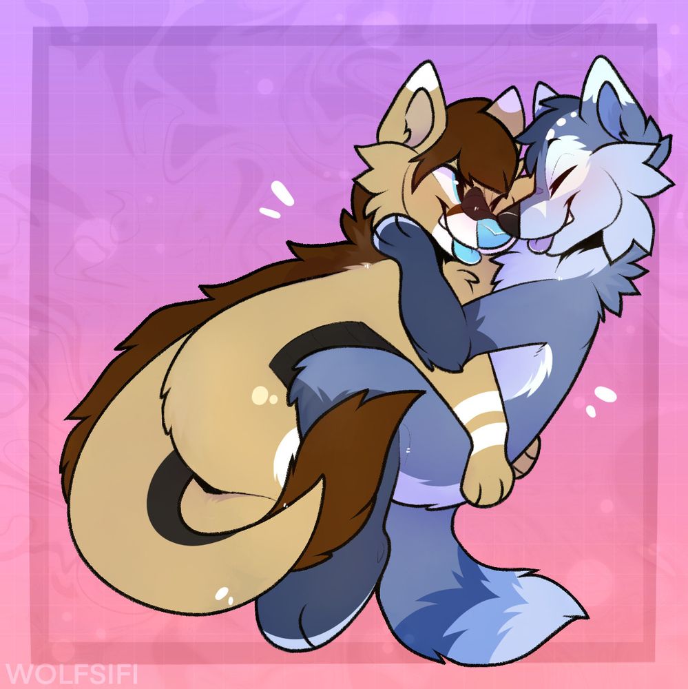 Digital drawing of two furry characters hugging each other tightly with their tongues stuck out. The character on the left is a fennec-dragon hybrid and has dark brown hair and light brown fur with white markings and light blue eyes, tongue and snout. His eyes are also open and looking at the character on the right, who is a blue fox with dark blue hair and cyan markings around their closed eyes, top of their ears, on their muzzle and along both sides of their chest. The tail of the character on the left wraps around and is laying on top of the left leg of the character on the right.