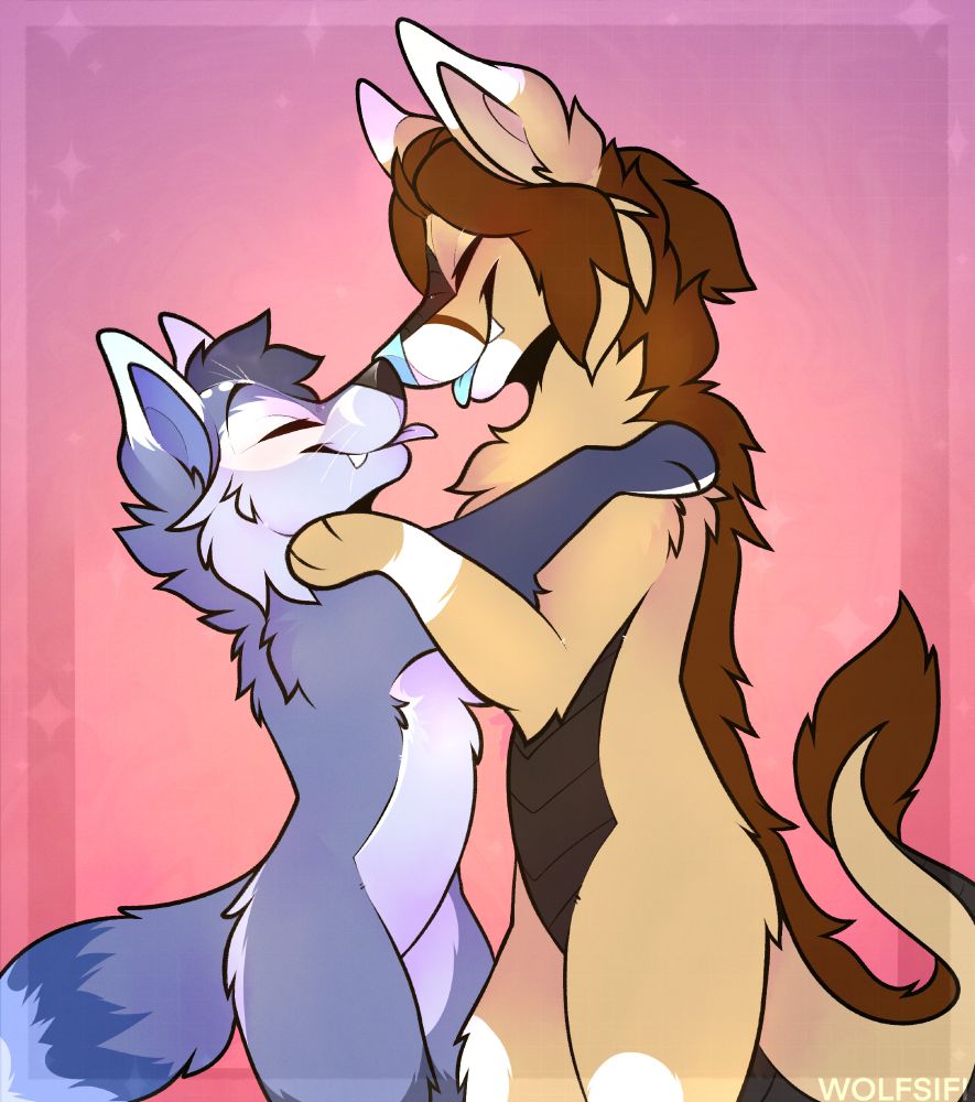 Digital drawing of two bipedal furry characters standing facing each other with their eyes closed and tongues stuck out. The character on the right is a fennec-dragon hybrid and has dark brown hair and light brown fur with white markings and light blue eyes, tongue and snout. The character on the left is a blue fox with dark blue hair and cyan markings around their eyes, top of their ears, on their muzzle and along both sides of their chest.
