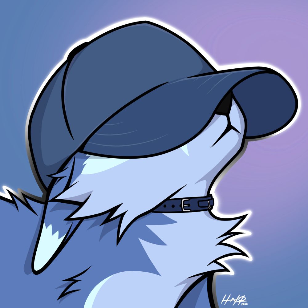 A portrait of a blue furry fox character with their head tilted upwards wearing an oversized baseball cap atop their head and a collar on their neck. The front of the cap sits on their muzzle, and the cap covers their eyes fully. There is a blue-pink gradient background and on the bottom right quarter of the image is the the artist's signature "HALO 2023".