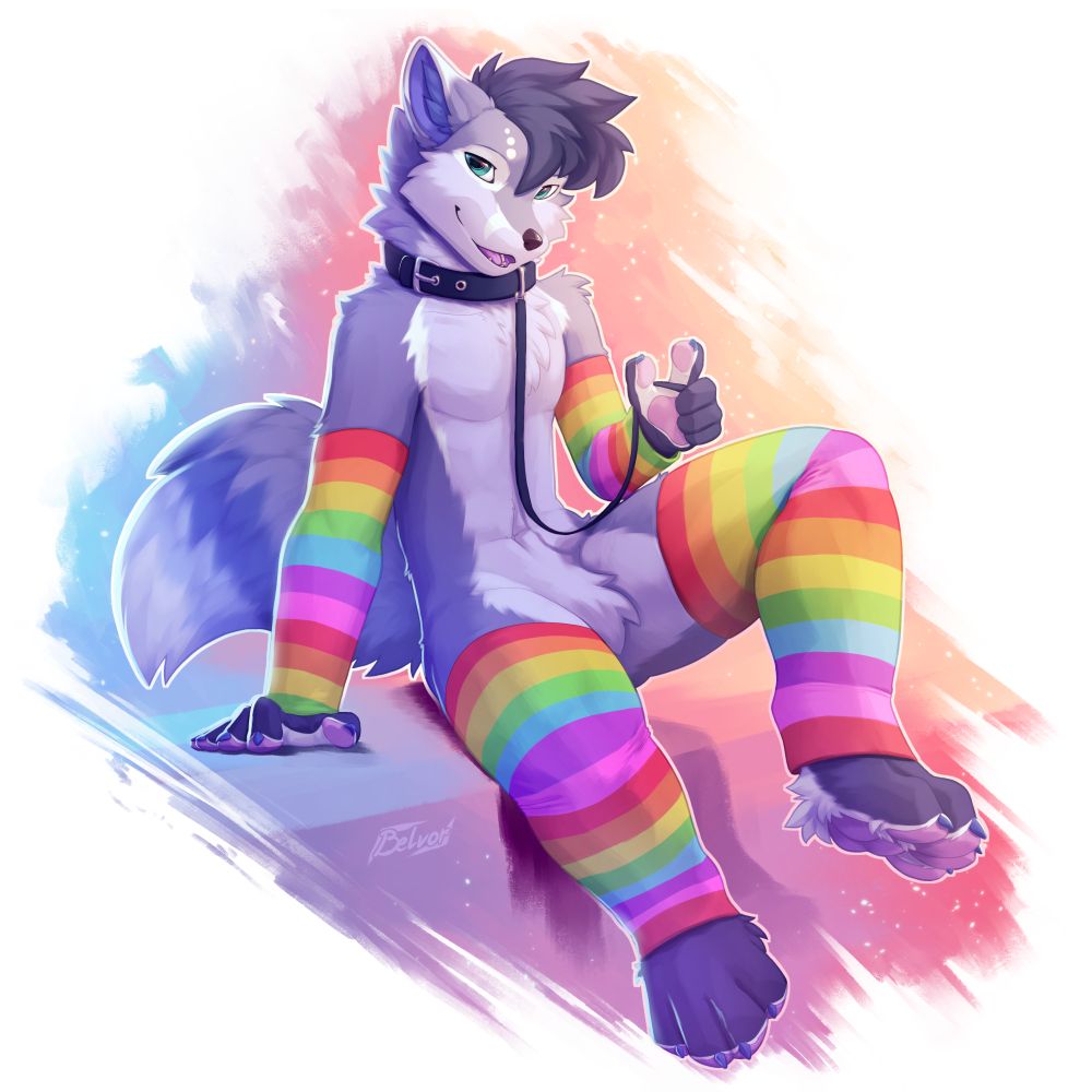 Digital drawing of a blue anthro fox character with blue hair, blue fur and cyan eyes, wearing a dark blue collar and rainbow-colored arm- and leg warmers. They are sitting back on a ledge with one leg raised balancing themselves with their right arm. In their left arm they are holding the handle of a leash tied to the collar. Their head is tilted forwards, eyes looking at the viewer and mouth slightly open.