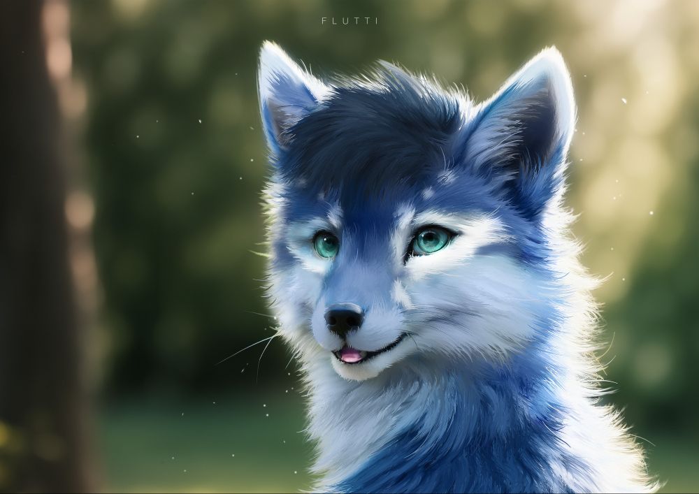 Hyper-realistic digital drawing of a blue fox character above the chest, with dark blue hair, cyan eyes, and light blue markings around their and the top of their ears. Their mouth is partially open to reveal a slightly stuck out tongue. The blurry background resembles a daytime forest with a tree trunk prominently visible on the left of the frame. The sunlight illuminates the character from the back making the fur strands on their back shine bright.