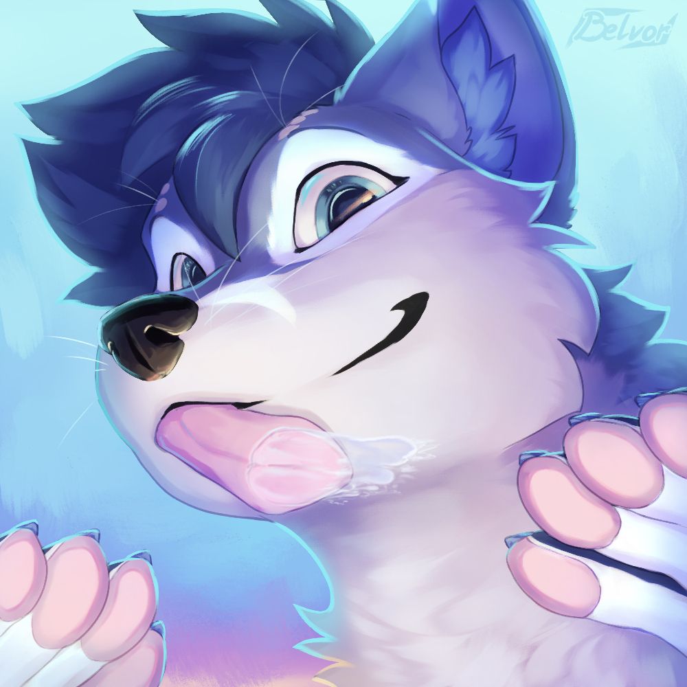 Digital drawing of an anthropomorphic fox character with dark blue hair, a mix of light and dark blue fur and cyan eyes. The character is staring directly at the viewer with wide open eyes, their pink tongue stuck out, and pressed flat against the screen, licking it with a trail of saliva around the point of contact. The paws of the character can be seen in the lower left and right corner (also pressed against the screen) as if holding onto it as a surface from the inside.