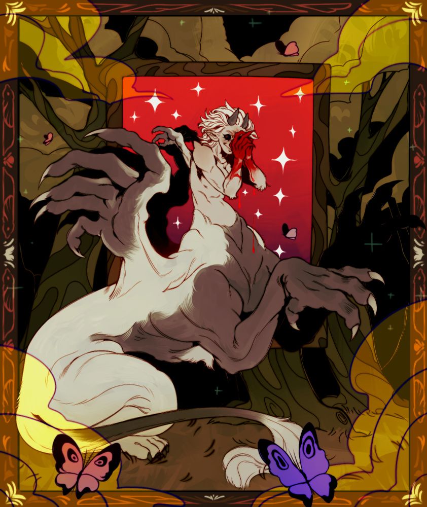 Illustration of a character with a human top half and a large lion looki beast bottom half, hands coming off her back like wings
She is surrounded by trees, a red rectangle behind her directly