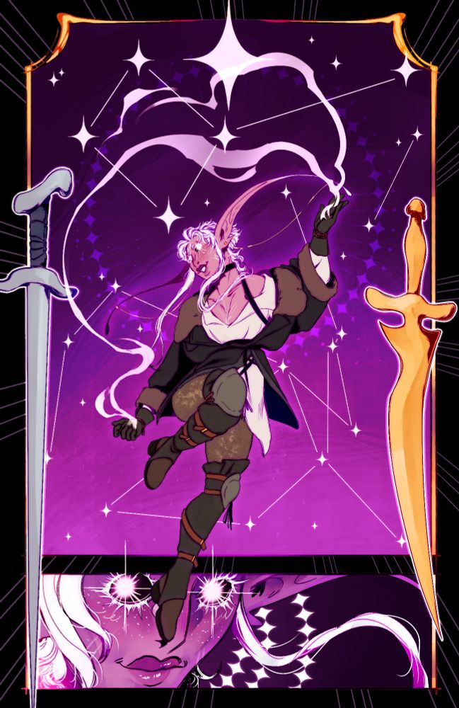 Illustration of a elven looking figure smiling and looking at the stars